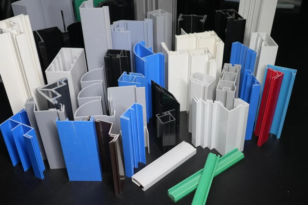 Actual coloured plastic profile samples with different cross-sections